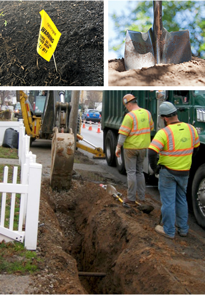 National Grid buried line warning flag | Shovel in dirt | Construction workers excavating around underground utilities