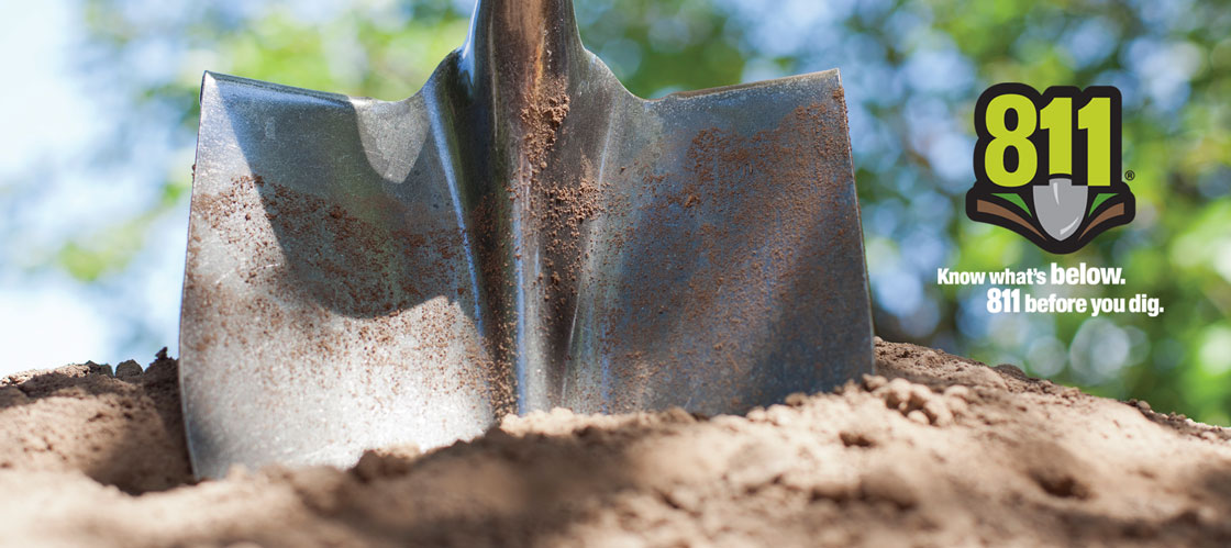 Image of shovel in dirt with 811 logo | 811® | Know what's below. | 811 before you dig.