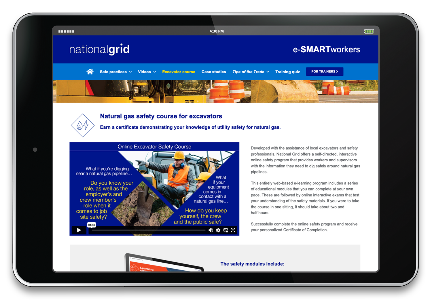 Tablet showing excavator safety course
